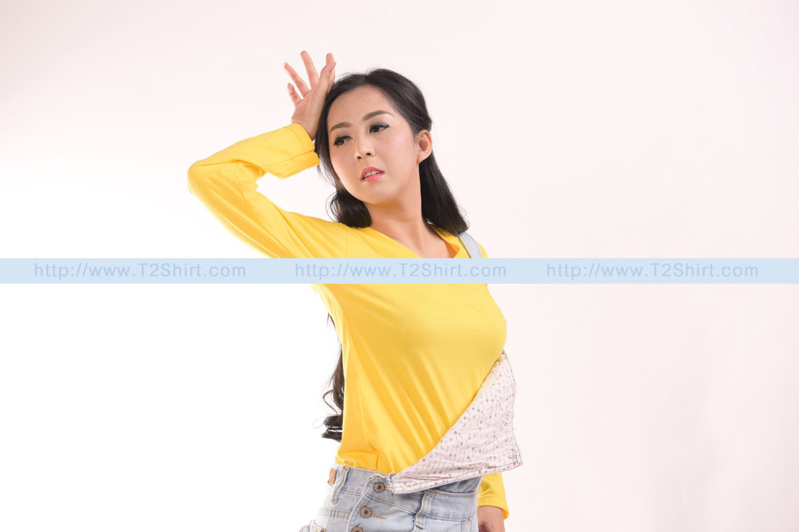 เสื้อยืด คอวี แขนยาว สีเหลือง Size 2XL
