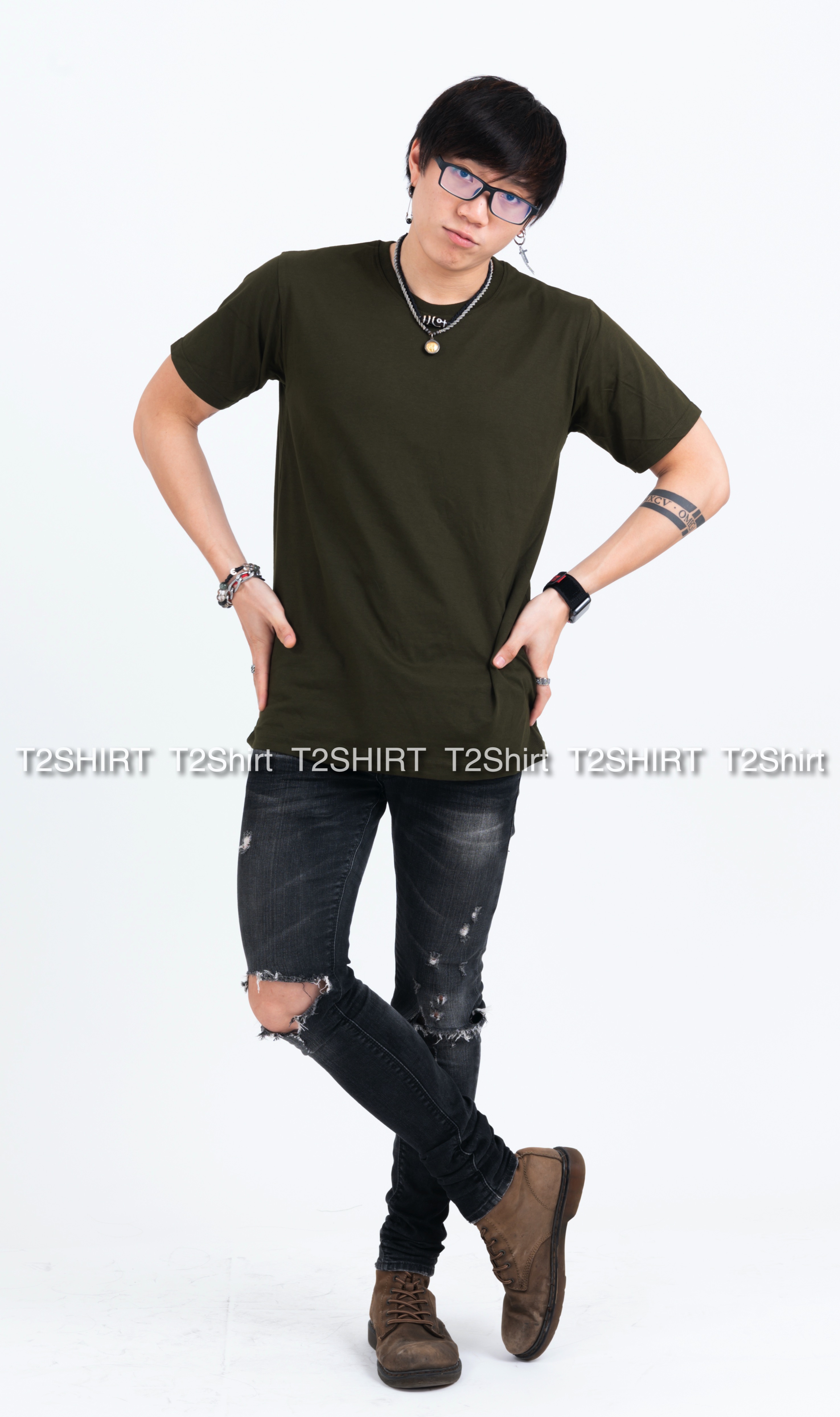 เสื้อยืด คอกลม แขนสั้น สีเขียวขี้ม้า Size 4XL