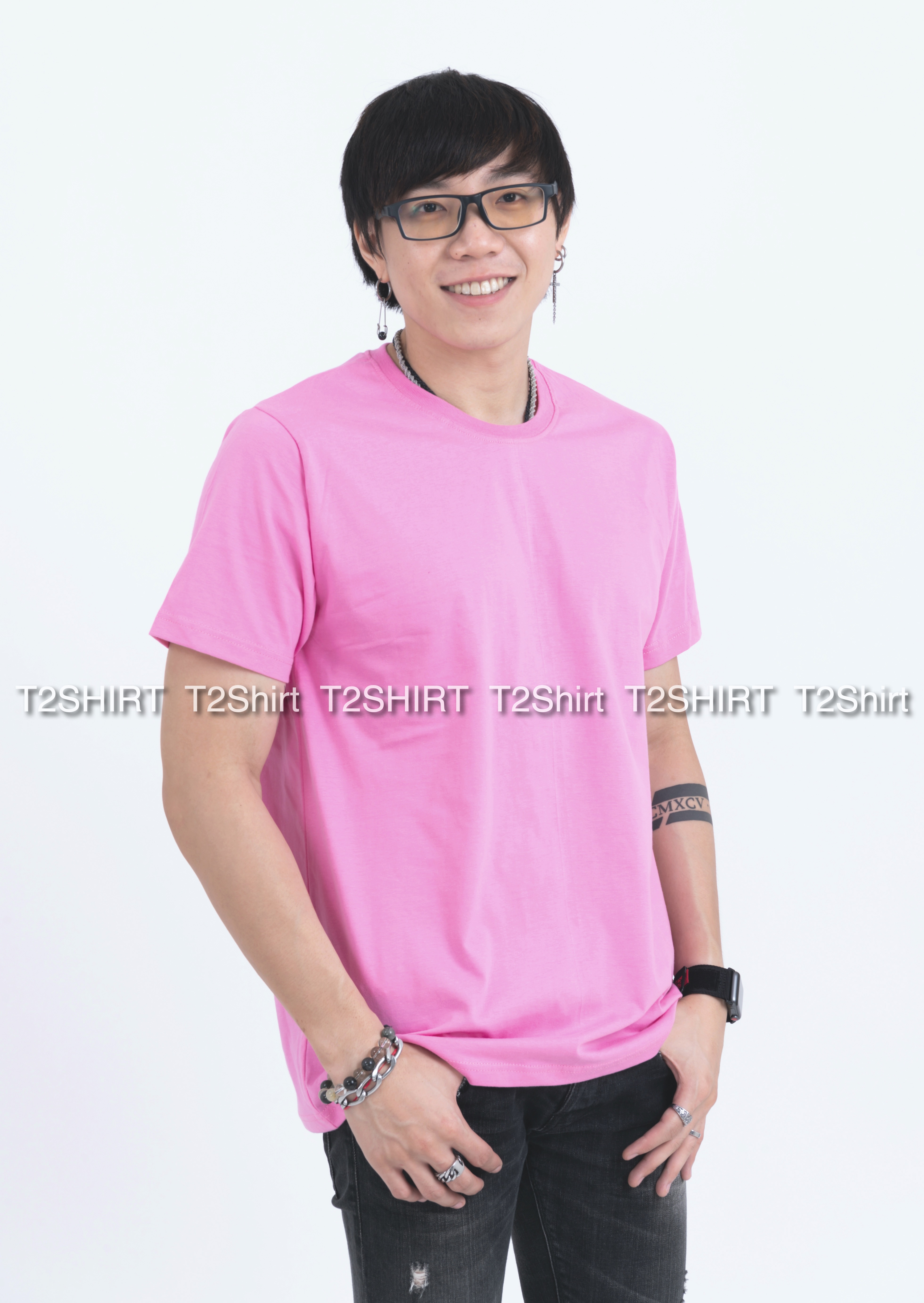 เสื้อยืด คอกลม แขนสั้น สีชมพูอ่อน Size M