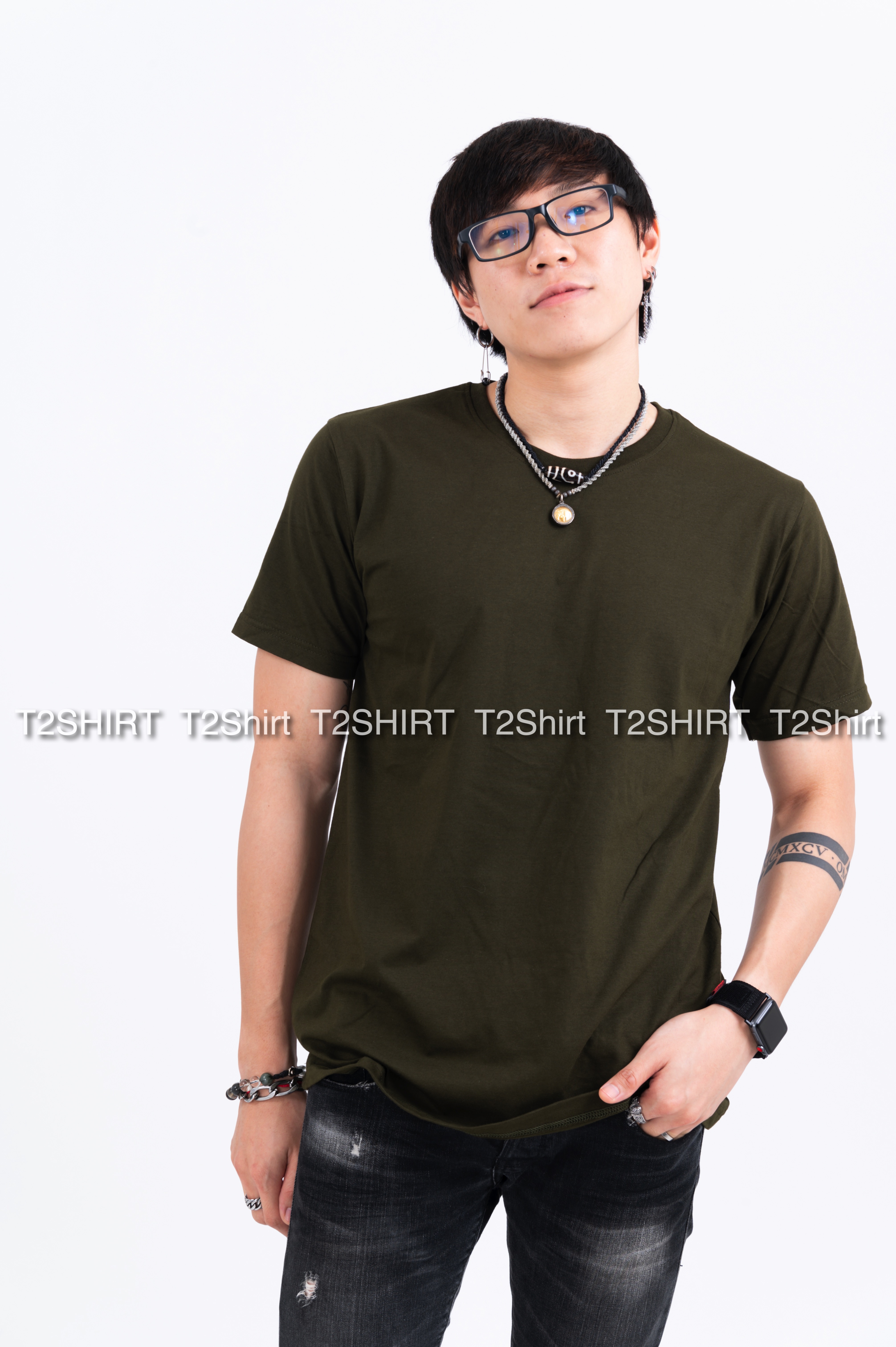 เสื้อยืด คอกลม แขนสั้น สีเขียวขี้ม้า Size 4XL