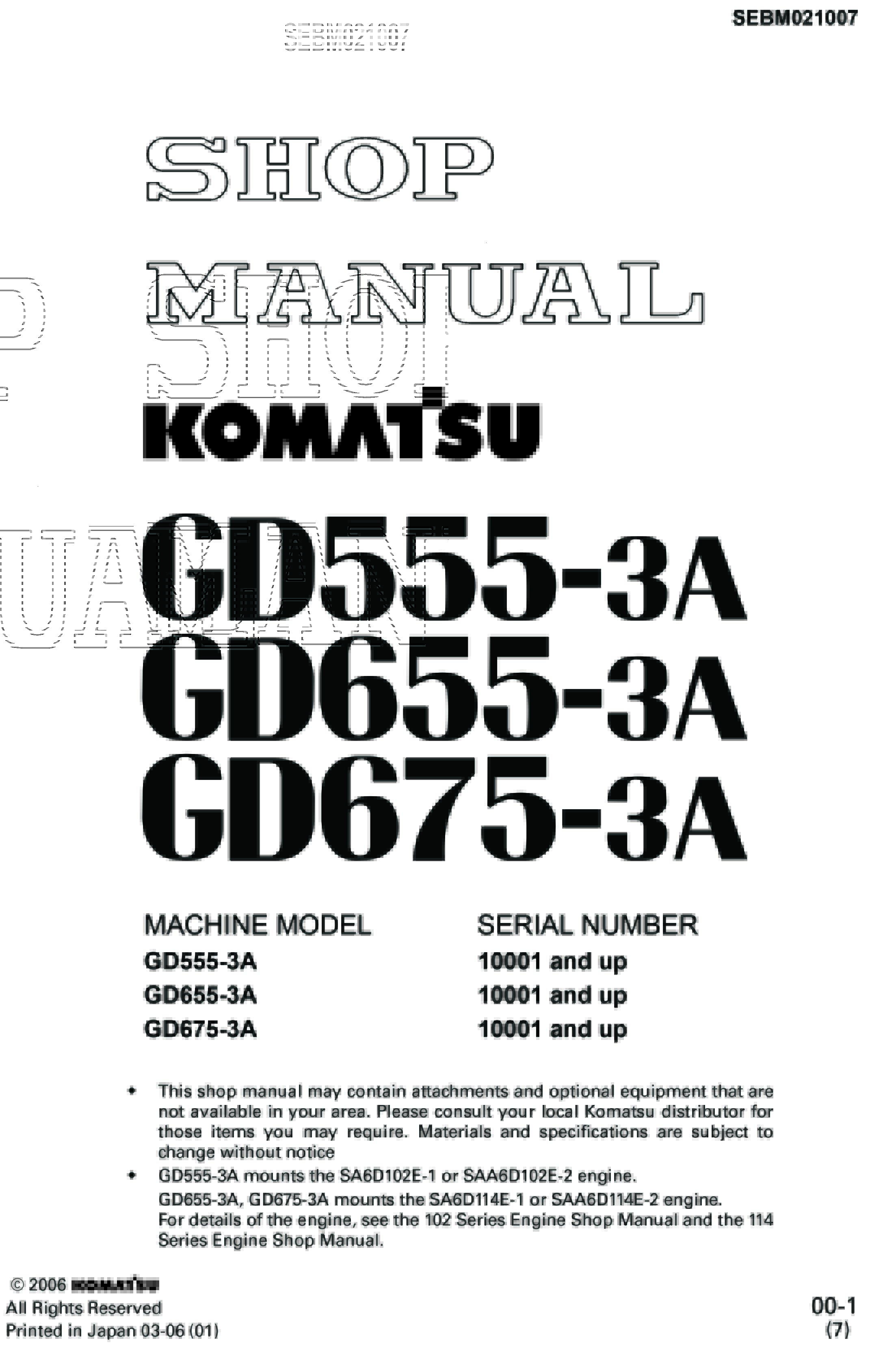 หนังสือ คู่มือการซ่อมรถจักรกลหนัก Komatsu GD655-3A Workshop Manual