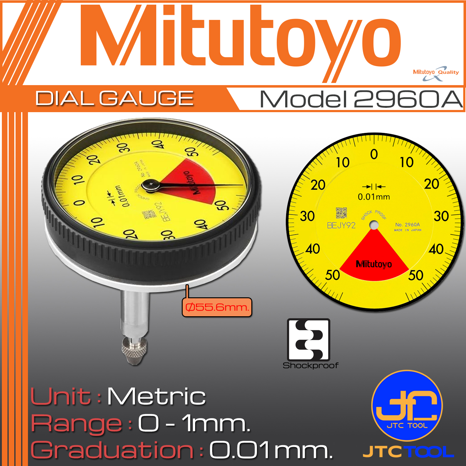Mitutoyo ไดอัลเกจแกนวัดด้านหลัง ขนาด 0-1มิล ความละเอียด 0.01มิล รุ่น 2960A - Dial Indicators Back Plunger Type Range 0-1mm. Graduation 0.01mm. No. 2960A