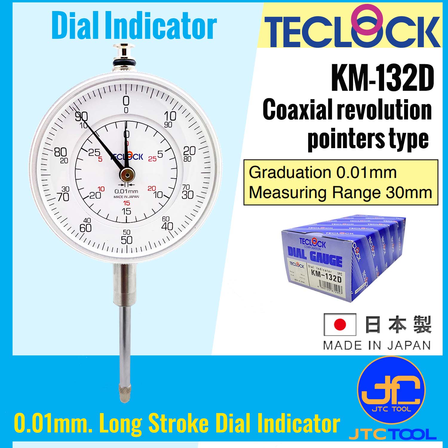 Teclock ไดอัลเกจแกนวัดยาวความละเอียด 0.01มิล ขนาด 30มิล รุ่น KM-132D - Long Stroke Dial Indicator Graduation 0.01mm. Range 30mm. No.KM-132D