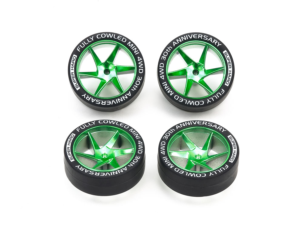 95666 Tamiya Mini 4WD Super Hard Low Profile Tires & Matte Green Plated Wheels FC30th