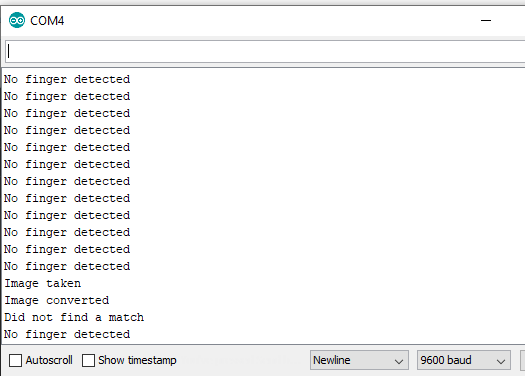 Output ของโปรแกรมทดสอบเซ็นเซอร์สแกนลายนิ้วมือ