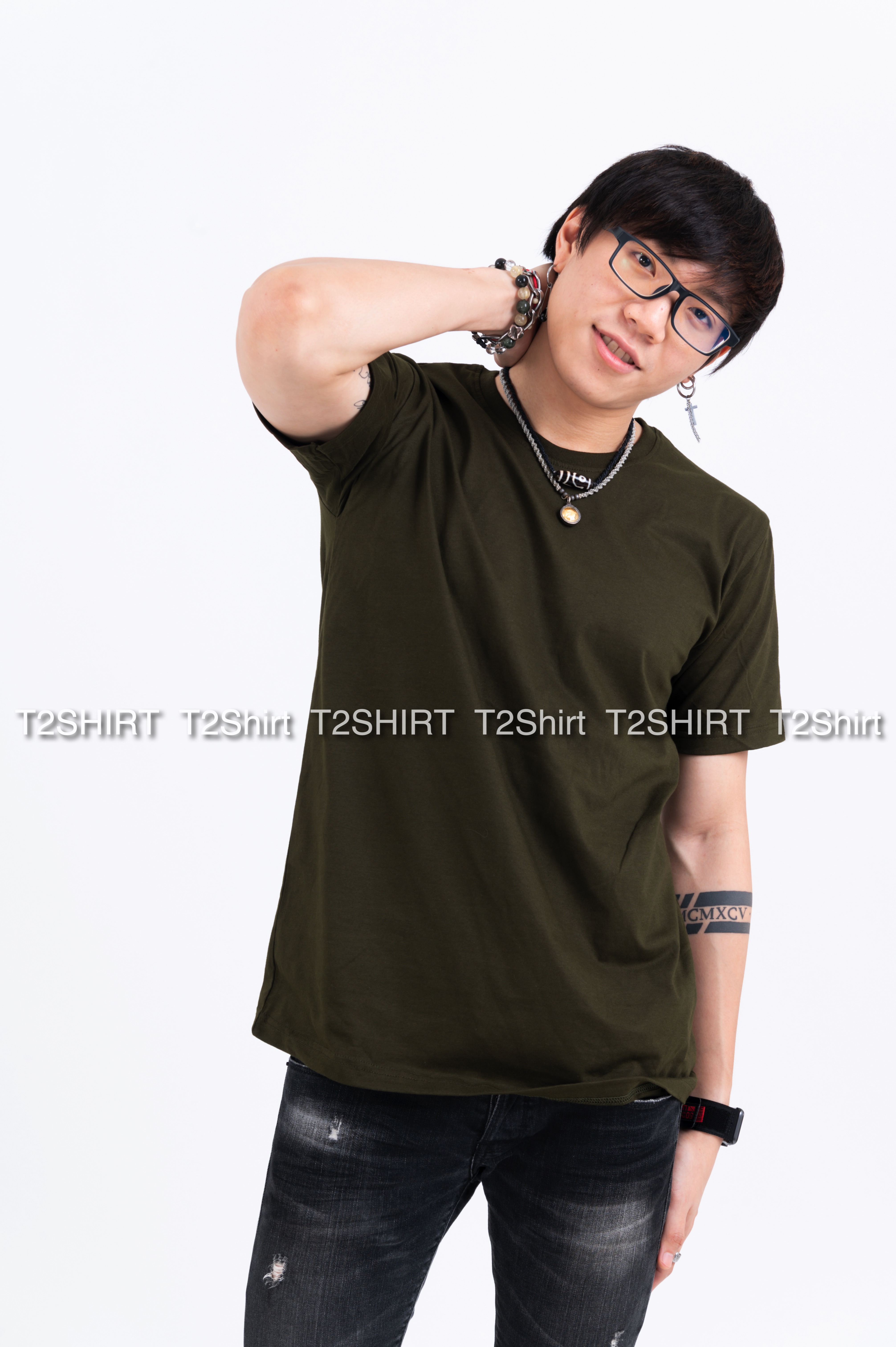เสื้อยืด คอกลม แขนสั้น สีเขียวขี้ม้า Size 4XL