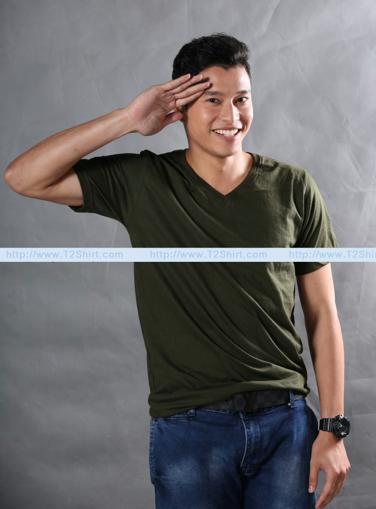 เสื้อยืด คอวี แขนสั้น สีเขียวขี้ม้า Size 4XL