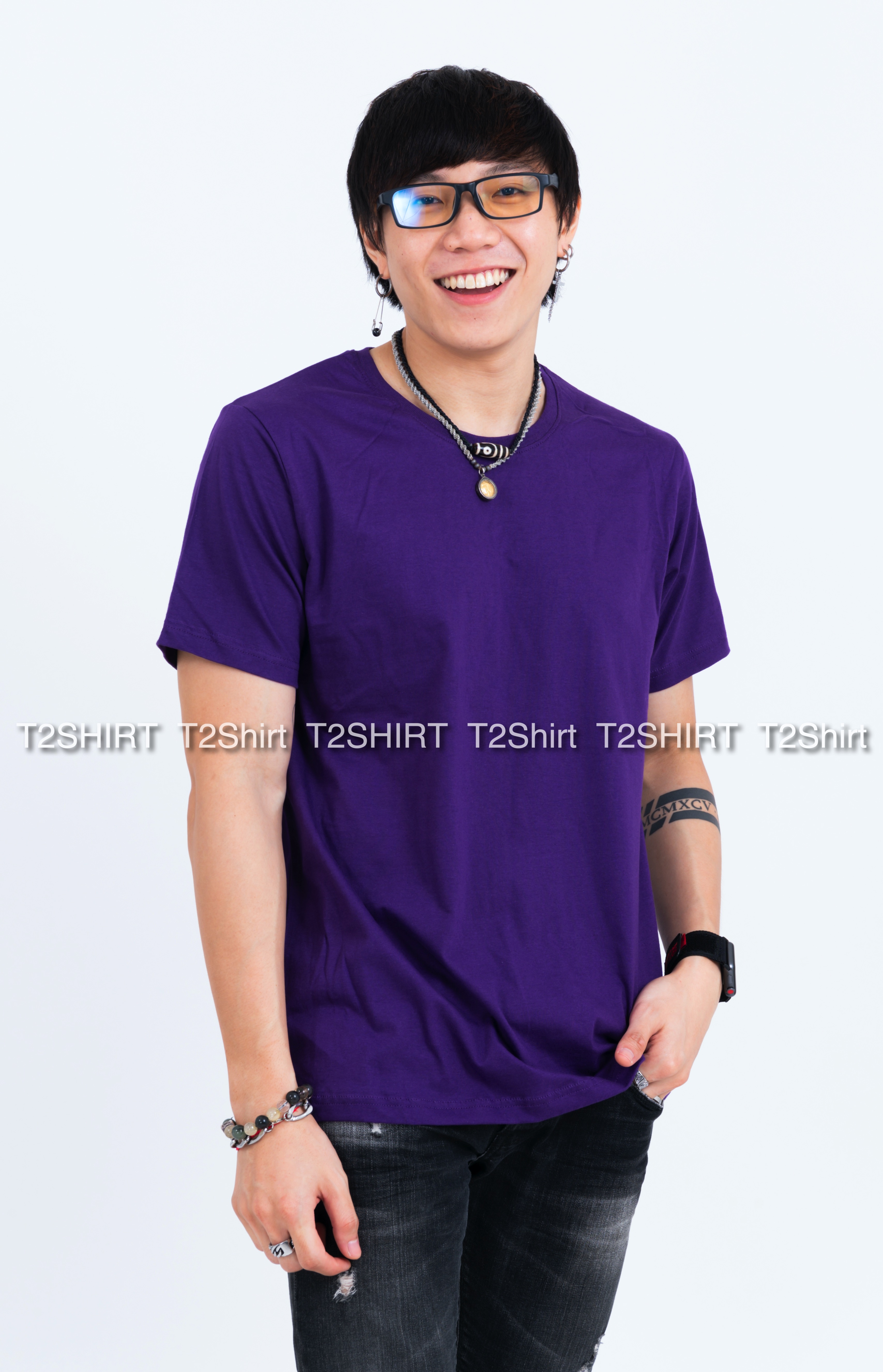 เสื้อยืด คอกลม แขนสั้น สีม่วงเข้ม Size 2XL