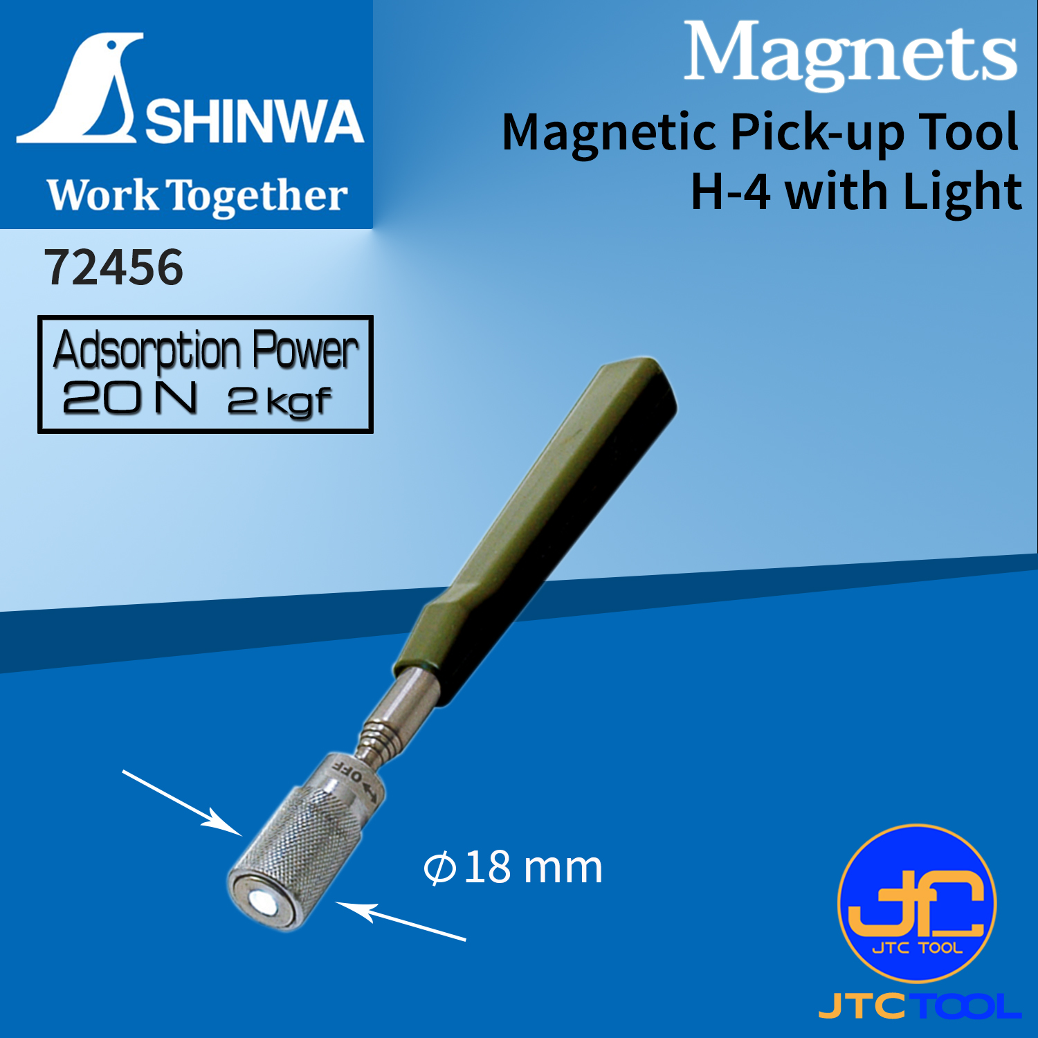 Shinwa แม่เหล็กดูด,เก็บเศษเหล็ก-โลหะ มีไฟ สำหรับที่มืด แรงดูด 20 N (2Kgf) รุ่น 72456 - Magnetic Pick-Up Tool No.72456