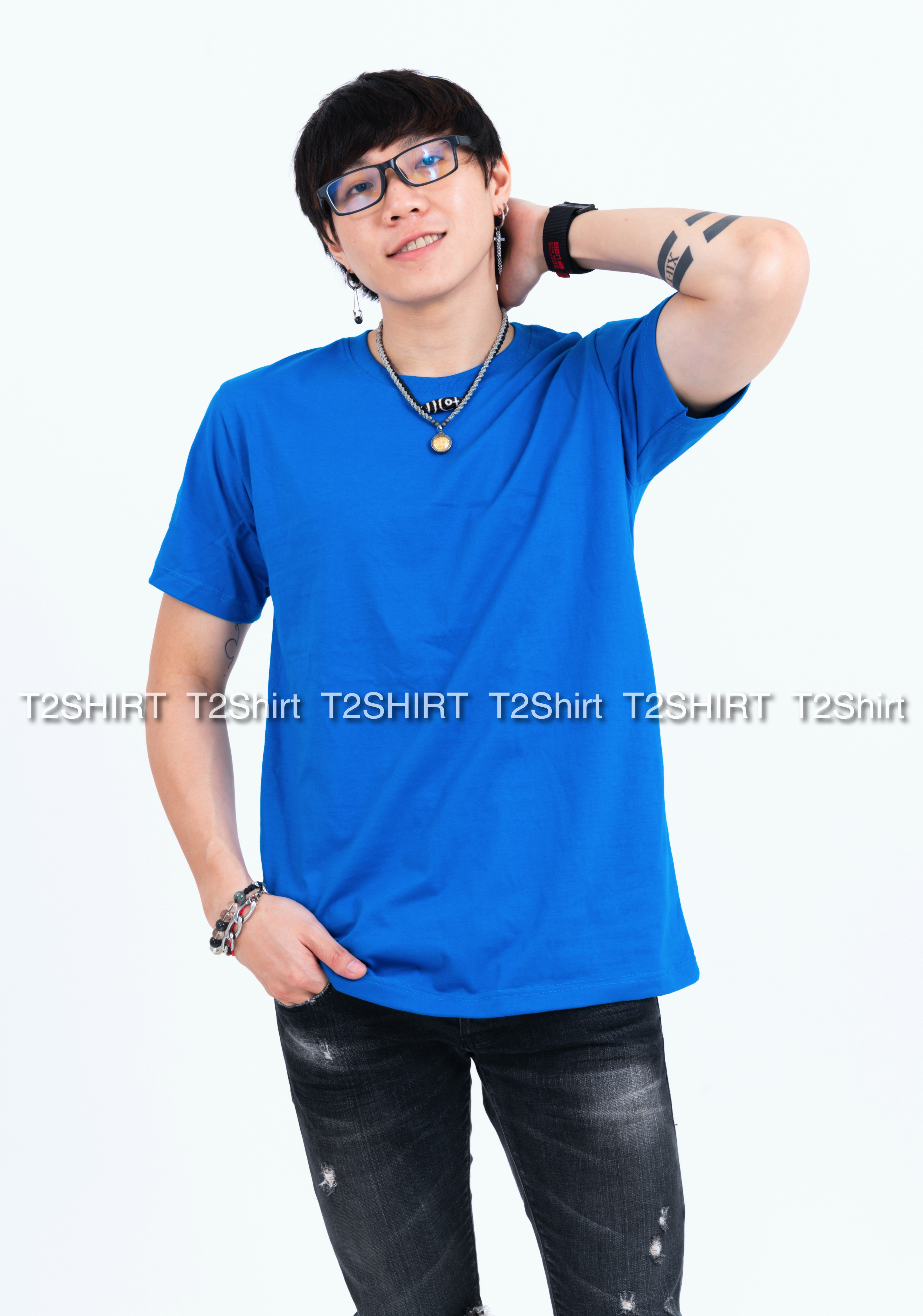 เสื้อยืด คอกลม แขนสั้น สีฟ้าทะเล Size M