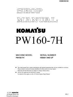 หนังสือ คู่มือซ่อม โอเวอร์ฮอล วงจรไฟฟ้า วงจรไฮดรอลิก จักรกลหนัก PW160-7H H50051 (ทั้งคัน) EN