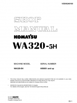 หนังสือ คู่มือซ่อม วงจรไฟฟ้า วงจรไฮดรอลิก จักรกลหนัก WA320-5H H50051 (ทั้งคัน) EN
