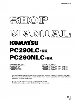 หนังสือ คู่มือซ่อม วงจรไฟฟ้า วงจรไฮดรอลิก จักรกลหนัก PC290LC-6K K30001,K34001 , PC290NLC-6K K30001,K34001 (ทั้งคัน) EN
