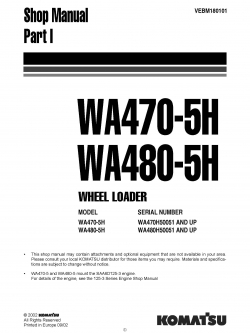 หนังสือ คู่มือซ่อม วงจรไฟฟ้า วงจรไฮดรอลิก จักรกลหนัก WA470-5H WA470H50051 , WA480-5H WA480H50051 (ทั้งคัน) EN